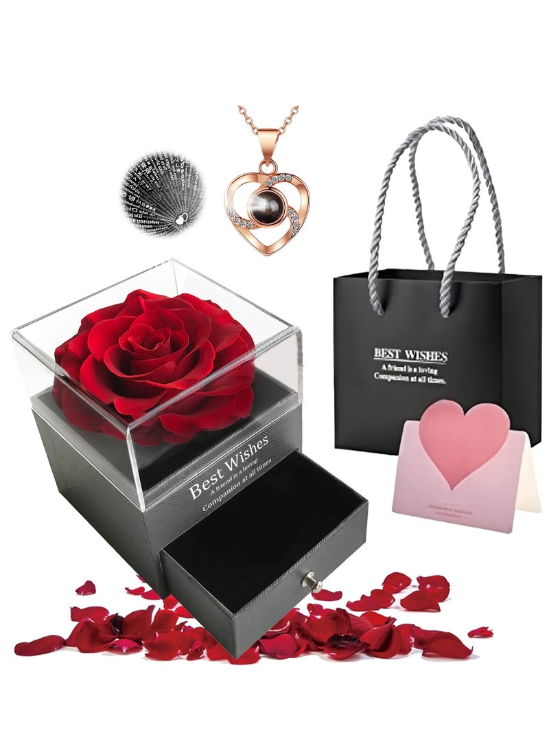 Adando Adando Eternal Rose with Gift Box Cute Eternal Red Rose Set with I Love You Necklace Handmade Preserved Rose Jewelry Box for Mom/Wife/Girlfriend A Romantic Gift for Her  - Image 1