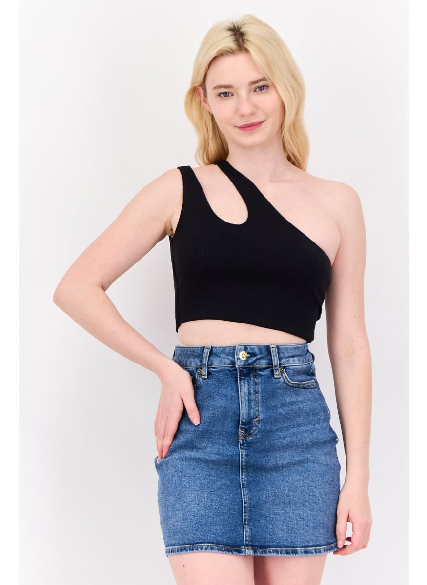 ESPRIT Women One Shoulder Ribbed Cropped Tops, Black  - Image 1