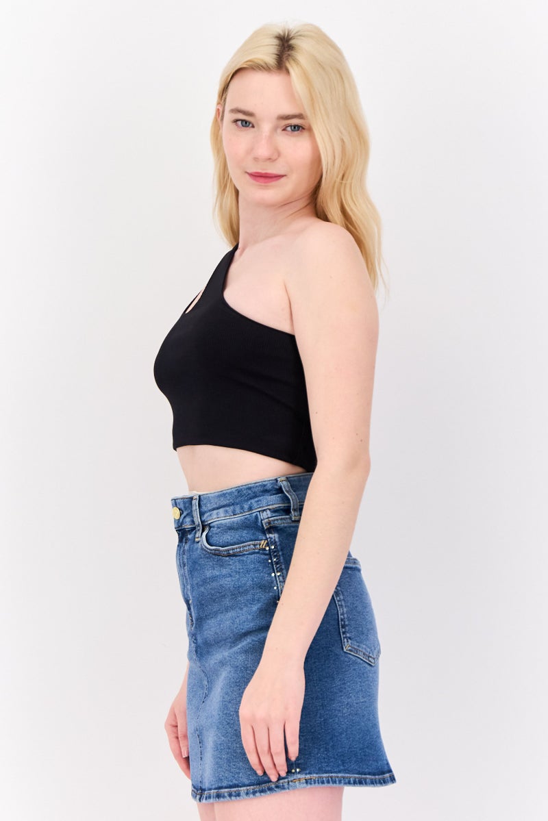 ESPRIT Women One Shoulder Ribbed Cropped Tops, Black - Image 2