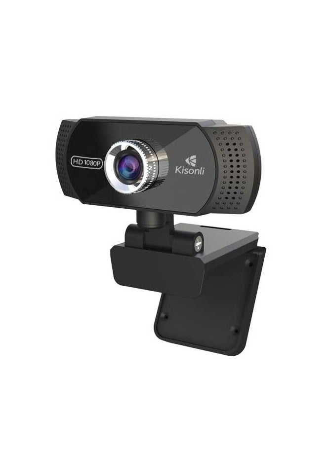 Kisonli Webcam Full HD 1080P , Auto focus webcam USB plug and play free driver With Microphone, 30 FPS, Angle 90 -Black  - Image 1