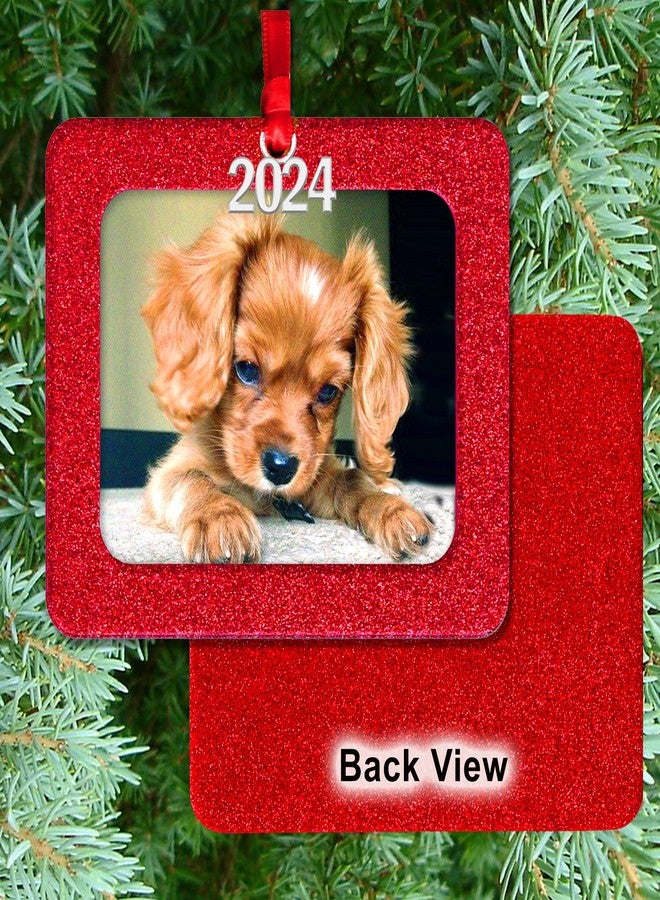 Expressly Yours! Photo Expressions Photo Ornaments for Christmas Tree, Sparkly Glitter Christmas Frame Ornament, Easy-Load Magnetic Design, Includes Satin Ribbon with 2024 Silver Charm Plus Photo Protector, Horizontal, Red - Image 3