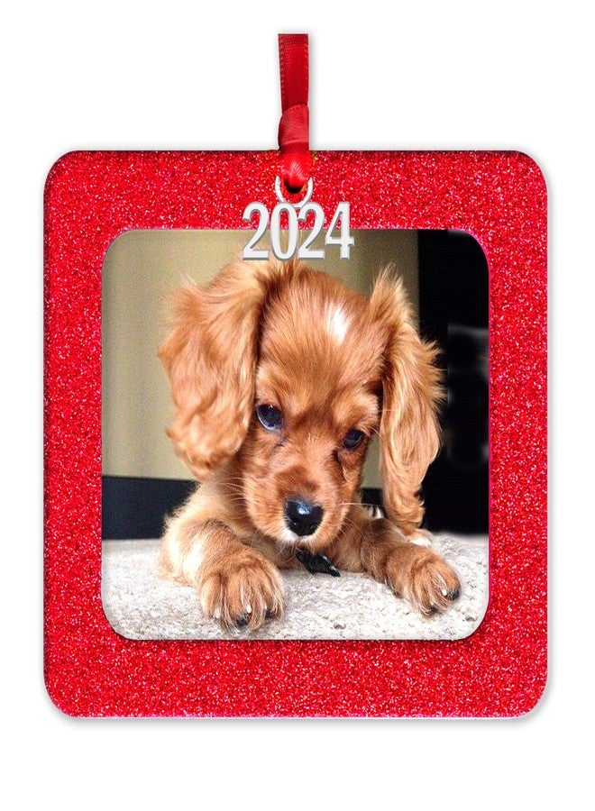 Expressly Yours! Photo Expressions Photo Ornaments for Christmas Tree, Sparkly Glitter Christmas Frame Ornament, Easy-Load Magnetic Design, Includes Satin Ribbon with 2024 Silver Charm Plus Photo Protector, Horizontal, Red - Image 1