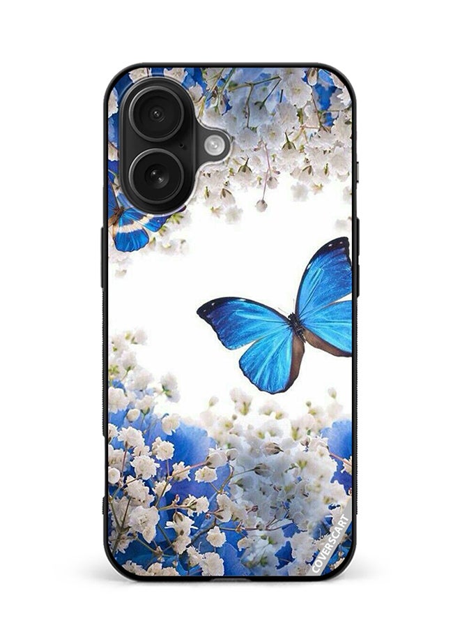 COVERSCART Protective Case Cover For Apple iPhone 16 Blue Butterflies On White Roses Design Multicolour