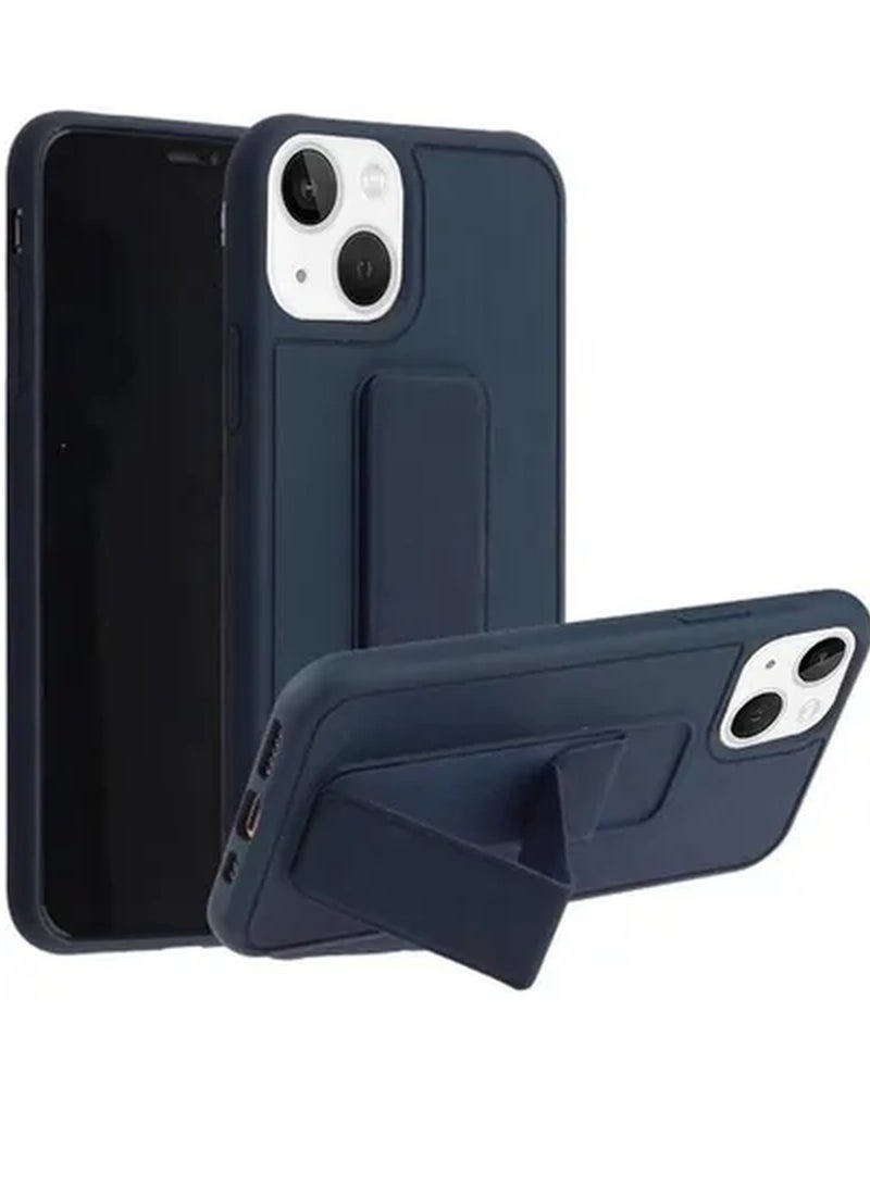 جراب Apple iPhone 14 مزود بمقبض يدوي قابل للطي ومسند معصم وغطاء قبضة الإصبع 6.1 بوصة أزرق داكن - Image 1
