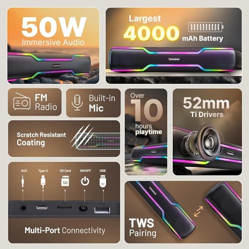 CrossBeats Blaze B50 (2026) Bluetooth 50W Soundbar Gaming RGB Light, AUX, BT, SD Card, USB &FM, 8 Hrs Playtime Fast Charge Sound bar smart tv with Built-in mic, Speaker for Mobile, PC, Laptop - Black - Image 2