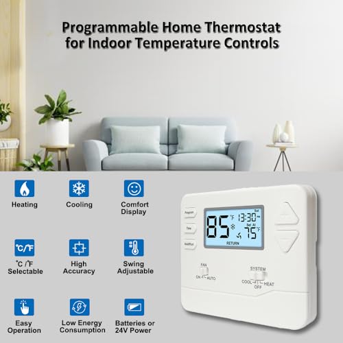 Miuputake Programmable Thermostat for Home,Conventional Single-Stage Systems,5-1-1 Day Programmable Digital Energy-Saving Thermostat,up to 1 Heat/1 Cool Compatible with Gas System，White Backlight - Image 2