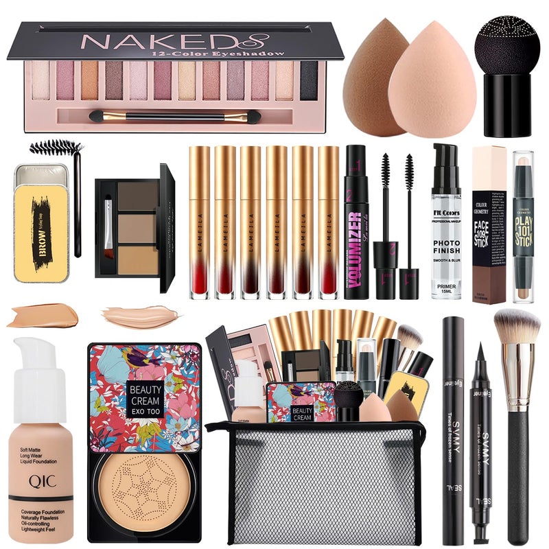 All In One Naked Eyeshadow  Makeup Kit  Includes Liquid Foundation CC Cream Lipstick Set Mascara Makeup Brush Sponge Eyebrow Powder Soap Eyeliner Stamp Primer Contour Stick  Cosmetic Bag