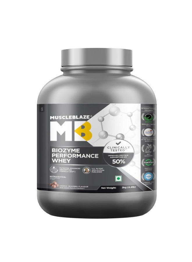 MuscleBlaze Biozyme Performance Whey Protein Powder, Choco Crispers (2kg / 4.4lbs) | 25g Protein Per Scoop | Clinically Tested 50% Higher Protein Absorption - Image 1