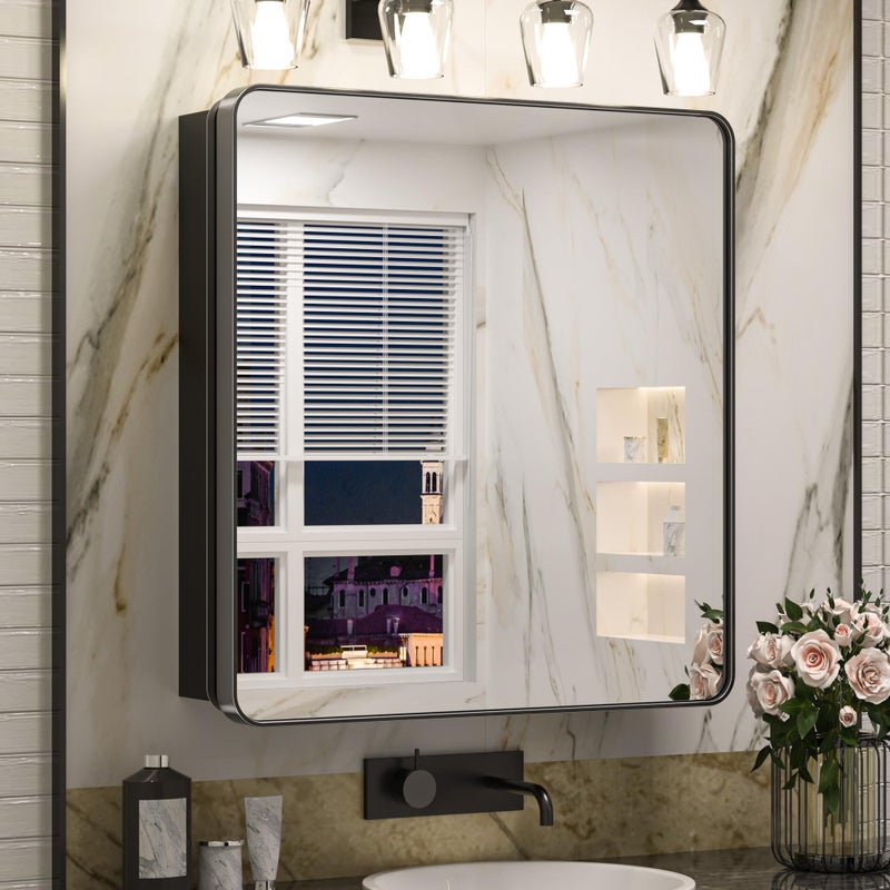 Keonjinn Keonjinn 30 x 32 Inch Medicine Cabinet for Bathroom Adjustable Shelves Stainless Steel Framed with Mirror Modern Farmhouse Metal Storage Cabinet Recessed Wall Mounted Black Bathroom Storage Cabinets 