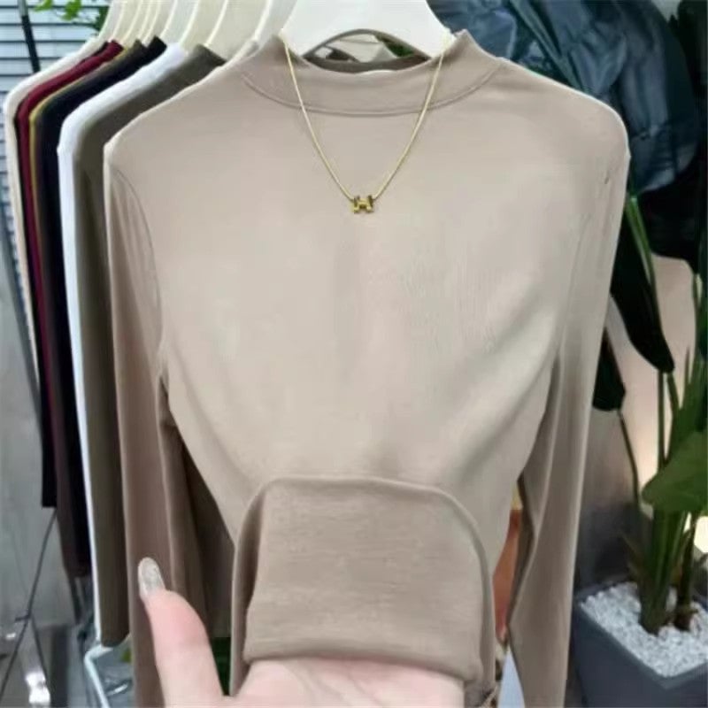 A generation of plus size womens modal semi-high collar long sleeve T-shirt 200kg chubby girl loose inner base shirt thin Dark gray