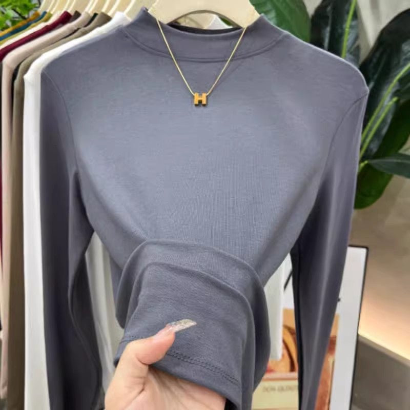 A generation of plus size womens modal semi-high collar long sleeve T-shirt 200kg chubby girl loose inner base shirt thin Dark gray