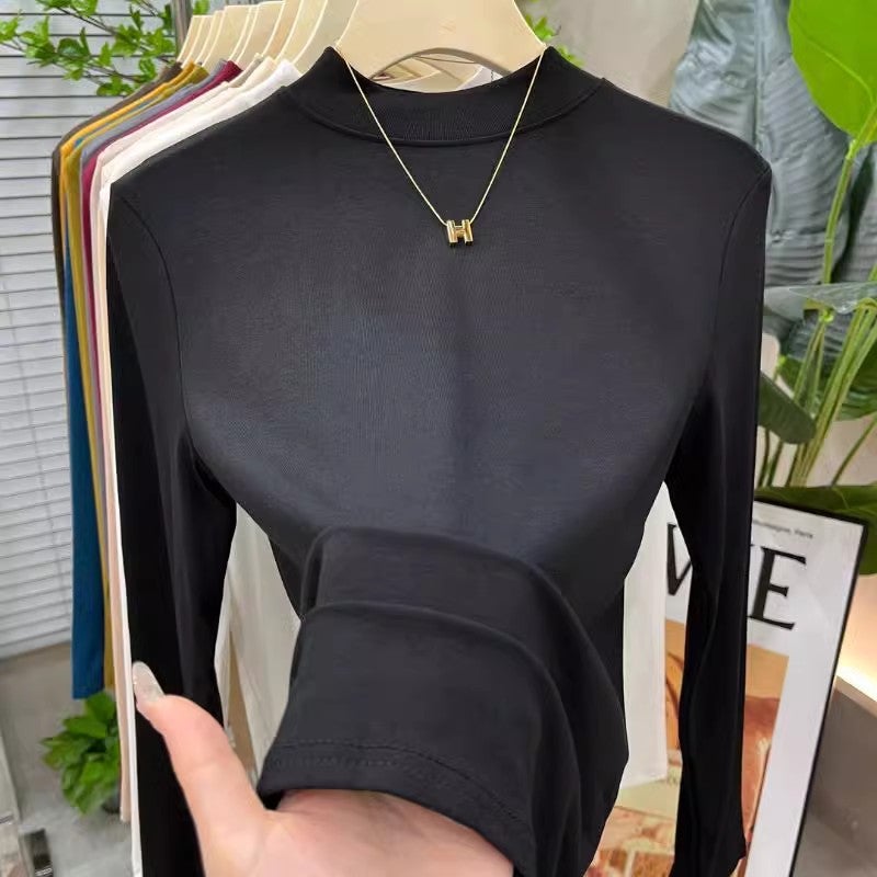 A generation of plus size womens modal semi-high collar long sleeve T-shirt 200kg chubby girl loose inner base shirt thin Dark gray