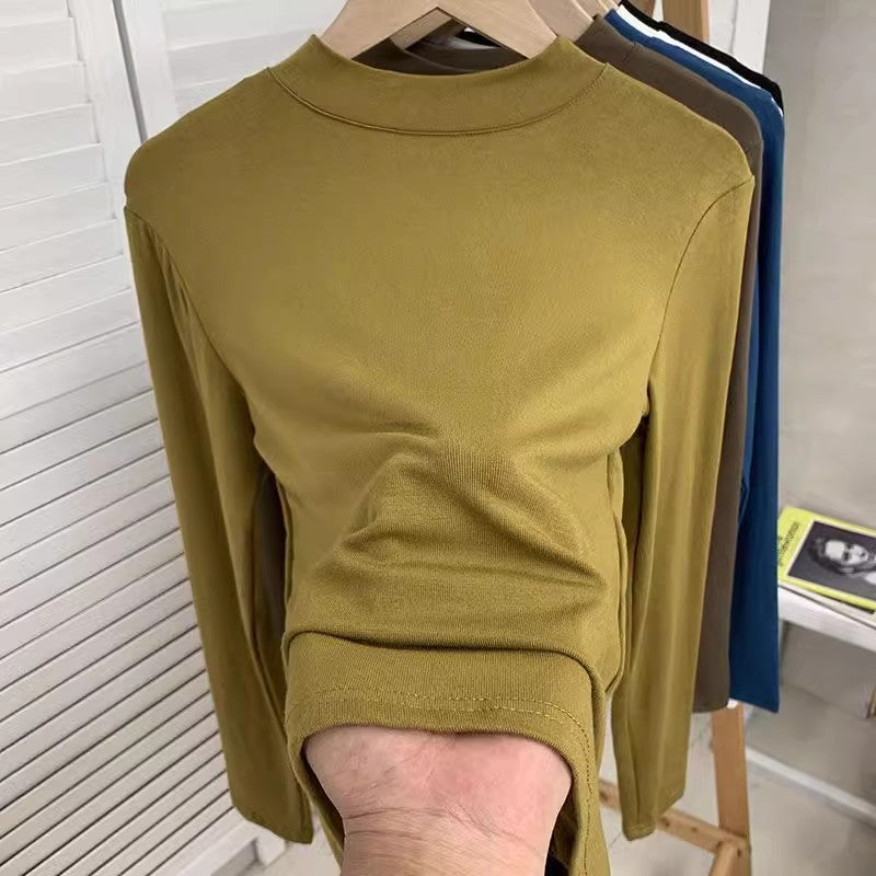A generation of plus size womens modal semi-high collar long sleeve T-shirt 200kg chubby girl loose inner base shirt thin Dark gray