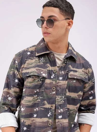 The Indian Garage Co Men Regular Fit Camouflage Full Sleeves Cutaway Collar Double Flap Pocket Street Wear Over Shirt