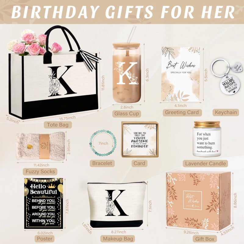 Lepiche Birthday Gifts for Women, Monogrammed Initial Gift for Teacher Wife Mom, Tote Bag,Glass Cup Gift Basket Personalized Christmas Mother's Teacher Appreciation Day,K - Image 4