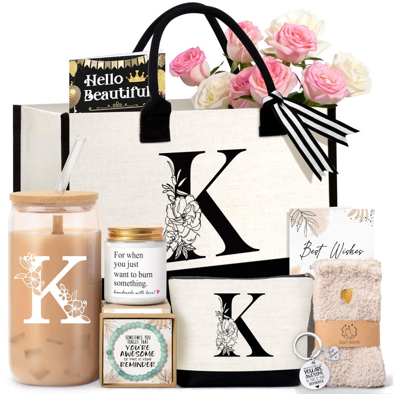 Lepiche Birthday Gifts for Women, Monogrammed Initial Gift for Teacher Wife Mom, Tote Bag,Glass Cup Gift Basket Personalized Christmas Mother's Teacher Appreciation Day,K - Image 1
