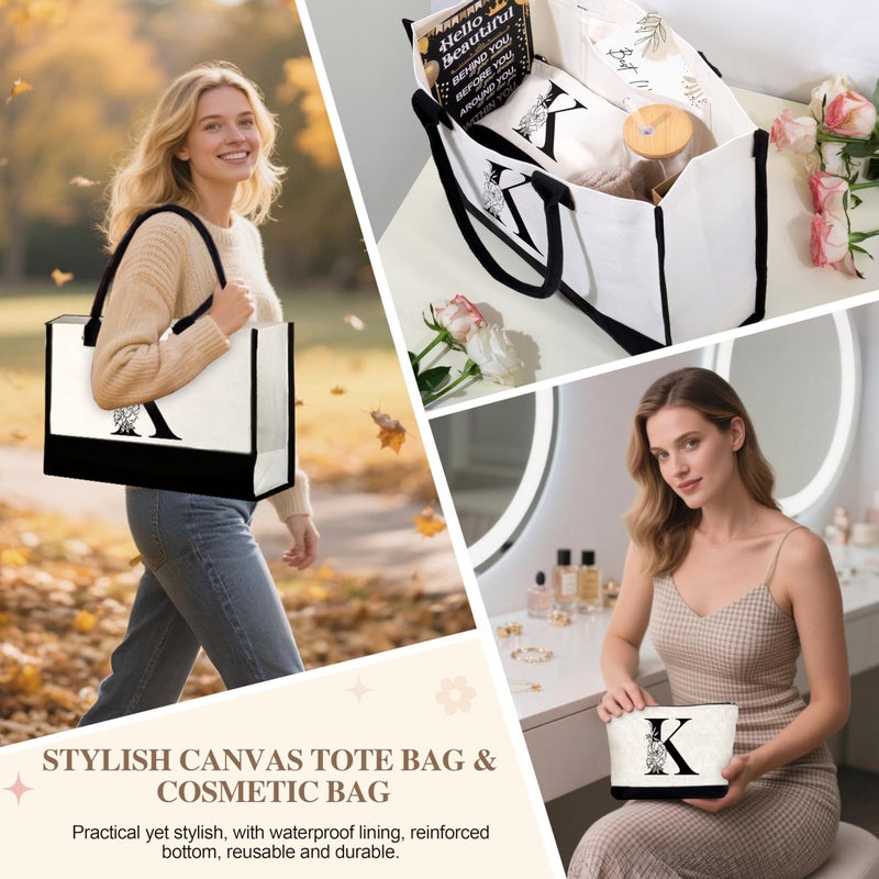Lepiche Birthday Gifts for Women, Monogrammed Initial Gift for Teacher Wife Mom, Tote Bag,Glass Cup Gift Basket Personalized Christmas Mother's Teacher Appreciation Day,K - Image 2