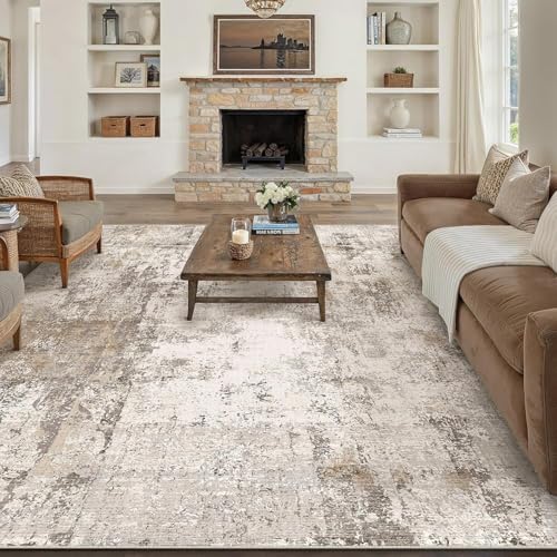 WondRg 9x12 Washable Area Rug Brown Grey Abstract Non Slip Soft Low Pile Rug for Living Room Bedroom Dining Room Office Neutral Modern Indoor Large Throw Carpet for Home Decor - Image 1
