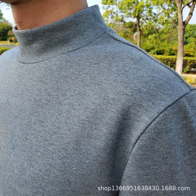 Autumn Heavy-Weight Peruvian Pima Cotton White Long-Sleeve T-Shirt for Men, Half-High Collar, Solid Color, Pure Cotton, Loose Basic Style Tee - Image 3