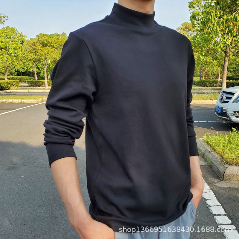Autumn Heavy-Weight Peruvian Pima Cotton White Long-Sleeve T-Shirt for Men, Half-High Collar, Solid Color, Pure Cotton, Loose Basic Style Tee - Image 2
