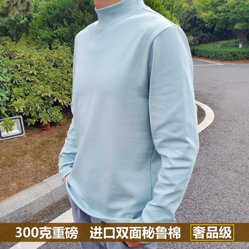 Autumn Heavy-Weight Peruvian Pima Cotton White Long-Sleeve T-Shirt for Men, Half-High Collar, Solid Color, Pure Cotton, Loose Basic Style Tee - Image 4