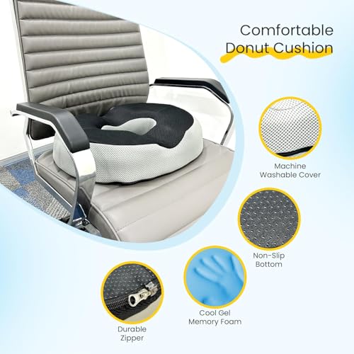 Sleepsia Donut Pillow for Tailbone Pain |1 Year Warranty| Coccyx Seat Cushion for Chair-Hemorrhoid& Piles Pillow-Car Seat Donut Cushion Hemorrhoids Fistula Prostate Post Relief-Grey/Black, Memory Foam - Image 4