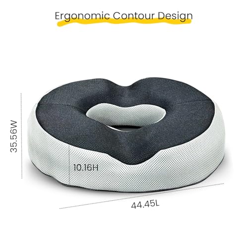 Sleepsia Donut Pillow for Tailbone Pain |1 Year Warranty| Coccyx Seat Cushion for Chair-Hemorrhoid& Piles Pillow-Car Seat Donut Cushion Hemorrhoids Fistula Prostate Post Relief-Grey/Black, Memory Foam - Image 2