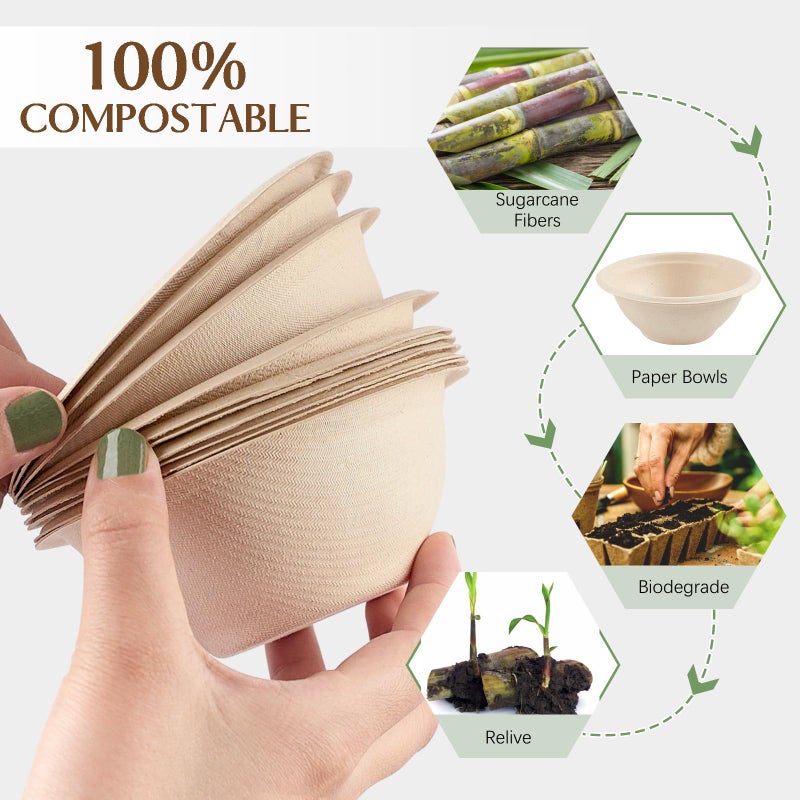 Zorrita 150 Pack 8 Oz Paper Bowls يمكن التخلص منها في الأوعية الصغيرة القابلة للسماد - Image 4
