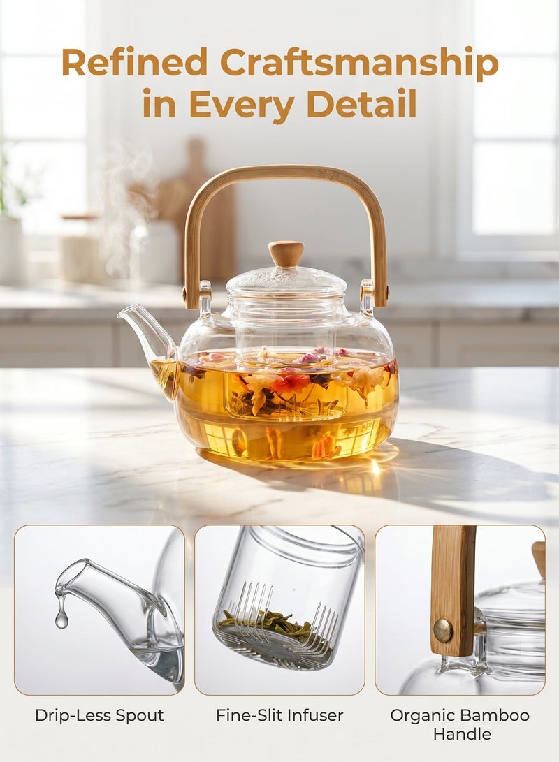 ZERIFAM Glass Teapot, Glass Teapot with Removable Infuser, 1000ml Glass Tea Pot Small Borosilicate Tea Steeper Kettle with Loose Leaf Tea Strainer, Suitable for Offices, Tea Rooms, Living Rooms, And Receptions - Image 3