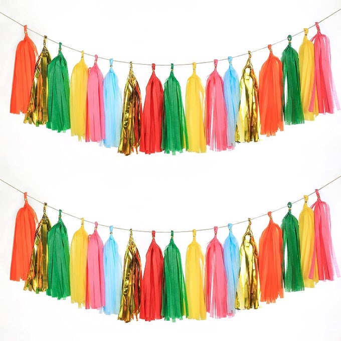 35 PCS GREEN ORANGE GOLD MYLAR TASSEL GARLAND TISSUE PAPER TASSELS BANNER DIY KIT BABY SHOWER FIESTA BACHELORETTE PARTY DECORATIONS