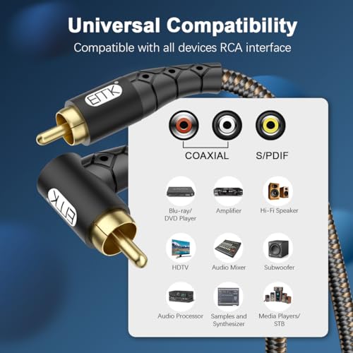 EMK 90 Degree RCA Subwoofer Cable 24K Gold-Plated Connector Nylon Braided Double Shielded – Support Digital & Analog Signals for Amplifier, Home Theater, Hi-Fi System,Subwoofer Black/10ft/3m - Image 2