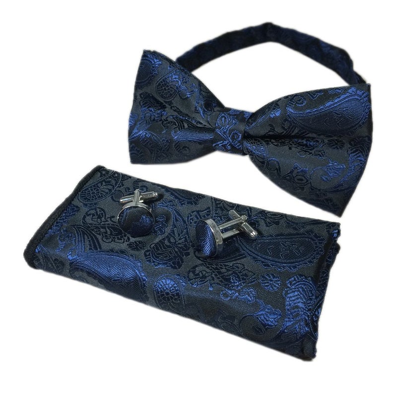 Ctskyte Men Navy Blue Black Woven Bow Tie Handkerchief Neckwear Bowtie Paisley Patterned - Image 3