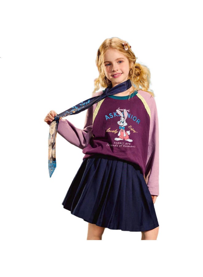 Ask Junior Girls' T-Shirt, Autumn Collection, For Older Children, Color Block Splicing, Round Neck Long Sleeve Undershirt, Wine Red, Size 130 - Image 3