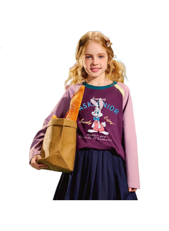 Ask Junior Girls' T-Shirt, Autumn Collection, For Older Children, Color Block Splicing, Round Neck Long Sleeve Undershirt, Wine Red, Size 130 - Image 2