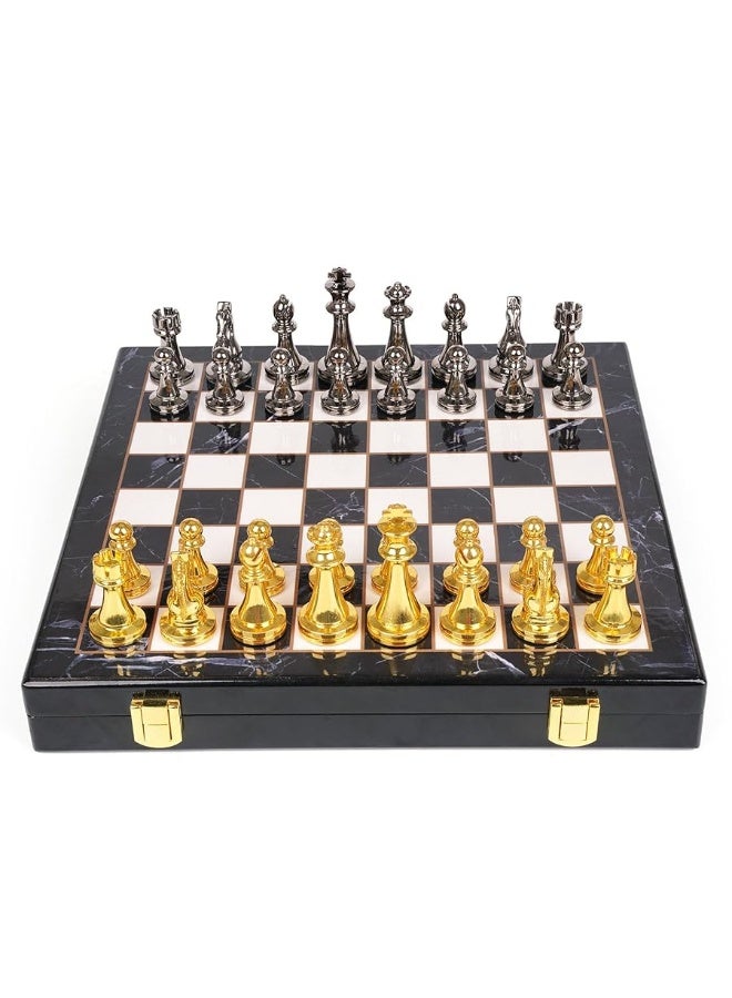 Agirlgle Metal Chess Set for Adults and Kids â€“ Marbling Chess Board with Chess Pieces â€“ Travel Chess Sets with Extra Queens with zinc Alloy Metal Pieces â€“ Ideal for Beginners and Professional Players - Image 1
