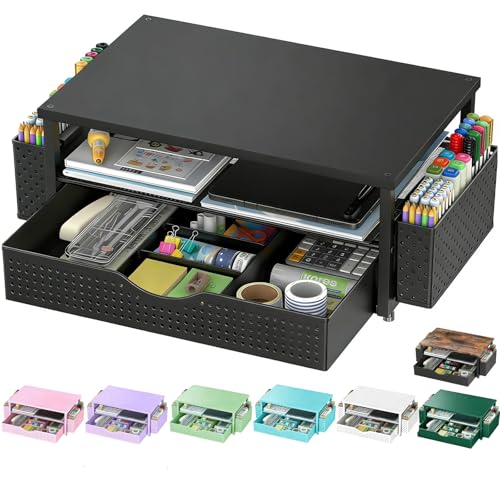 Spacrea Desk Organizer and Accessories Computer Monitor Stand Riser with Drawer and 2 Pen Holders Office Desk Accessories Workspace Organizers for Office Supplies Black - Image 1