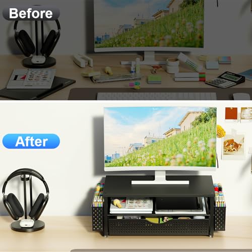 Spacrea Desk Organizer and Accessories Computer Monitor Stand Riser with Drawer and 2 Pen Holders Office Desk Accessories Workspace Organizers for Office Supplies Black - Image 3