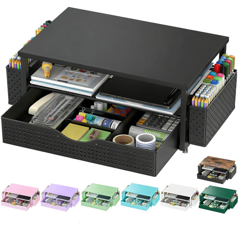 Spacrea Desk Organizer and Accessories Computer Monitor Stand Riser with Drawer and 2 Pen Holders Office Desk Accessories Workspace Organizers for Office Supplies Black - Image 2