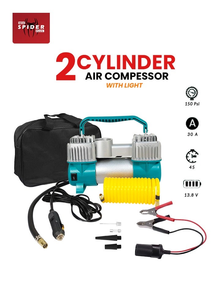 SPIDER 150 PSI Double Cylinder Tire Inflator with LED Light, Portable Air Compressor Pump with Dual Power - Image 1