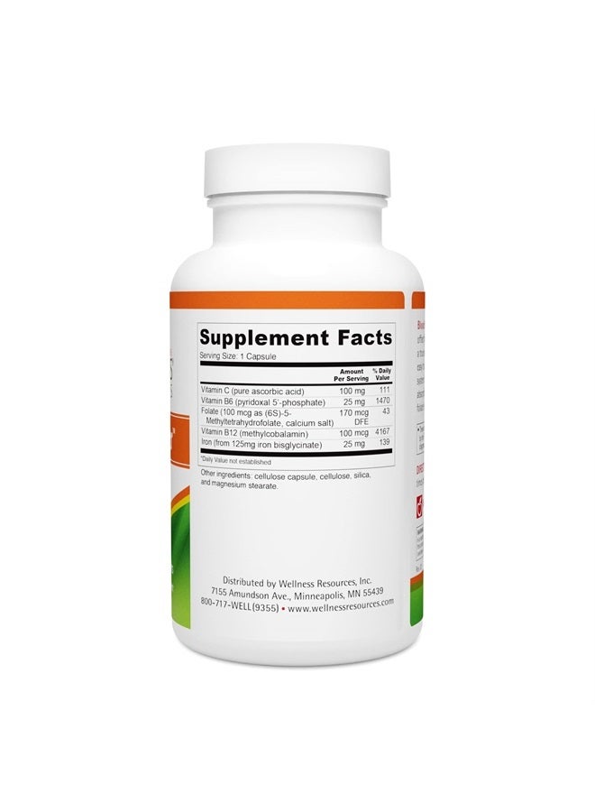 Wellness Resources معزز الدم للطاقة والإرهاق - حديد لطيف وغير مسبب للإمساك، ميثيل فولات وفيتامينات ب الأخرى (180 كبسولة - نباتي، خالي من الغلوتين، غير معدل وراثيًا) - Image 2