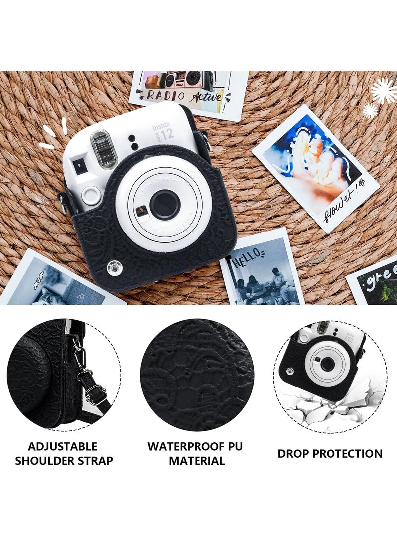 SOLARAE Case for Fujifilm Instax Mini 12 Camera Protective PU Leather Bag Cover with Adjustable Shoulder Strap and Mini Photo Album 64 Pockets (Black Lace) - Image 2