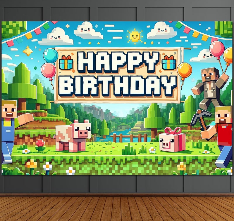 IndoTribe Pixel Backdrop Happy Birthday Banner Boy 6x4ft Miner Bday Sign Villager Gaming Birthday Party Decorations Videogame Themed Banner Video Game Decorations Video Game Backdrop for Boys - Image 1