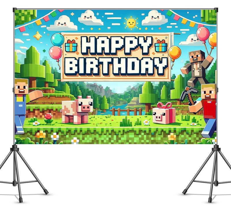 IndoTribe Pixel Backdrop Happy Birthday Banner Boy 6x4ft Miner Bday Sign Villager Gaming Birthday Party Decorations Videogame Themed Banner Video Game Decorations Video Game Backdrop for Boys - Image 4