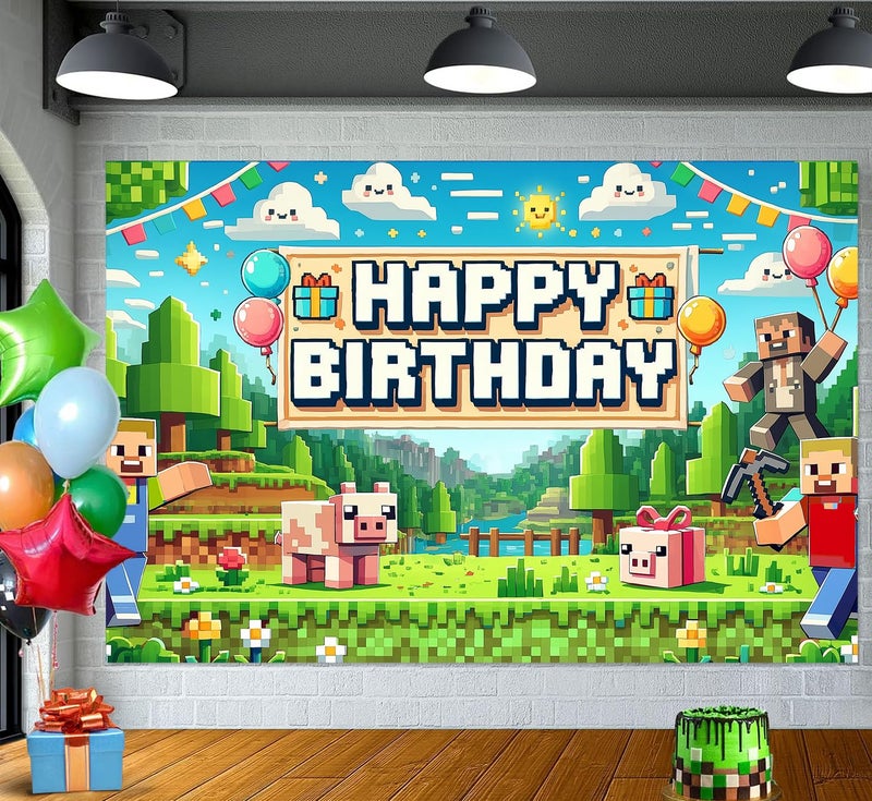 IndoTribe Pixel Backdrop Happy Birthday Banner Boy 6x4ft Miner Bday Sign Villager Gaming Birthday Party Decorations Videogame Themed Banner Video Game Decorations Video Game Backdrop for Boys - Image 2