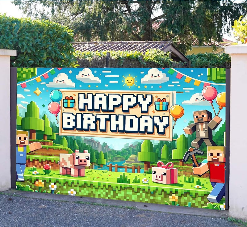 IndoTribe Pixel Backdrop Happy Birthday Banner Boy 6x4ft Miner Bday Sign Villager Gaming Birthday Party Decorations Videogame Themed Banner Video Game Decorations Video Game Backdrop for Boys - Image 3
