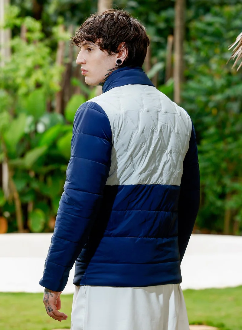 Campus Sutra Men's Bar-Quilted Block Puffer Jacket | Stand Collar , Long Regular Sleeves , Zipper Closure , Straight Hem | Colourblock Woven Quilted For Casual & Daily | Navy Blue & Coin Grey