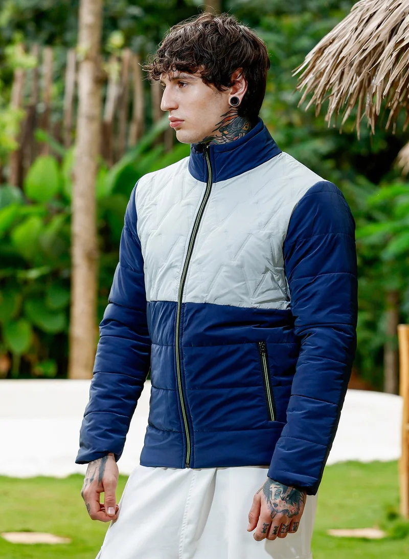 Campus Sutra Men's Bar-Quilted Block Puffer Jacket | Stand Collar , Long Regular Sleeves , Zipper Closure , Straight Hem | Colourblock Woven Quilted For Casual & Daily | Navy Blue & Coin Grey