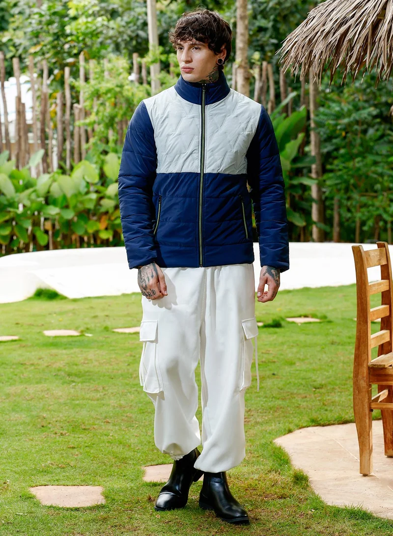 Campus Sutra Men's Bar-Quilted Block Puffer Jacket | Stand Collar , Long Regular Sleeves , Zipper Closure , Straight Hem | Colourblock Woven Quilted For Casual & Daily | Navy Blue & Coin Grey