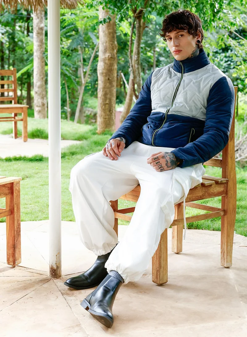 Campus Sutra Men's Bar-Quilted Block Puffer Jacket | Stand Collar , Long Regular Sleeves , Zipper Closure , Straight Hem | Colourblock Woven Quilted For Casual & Daily | Navy Blue & Coin Grey