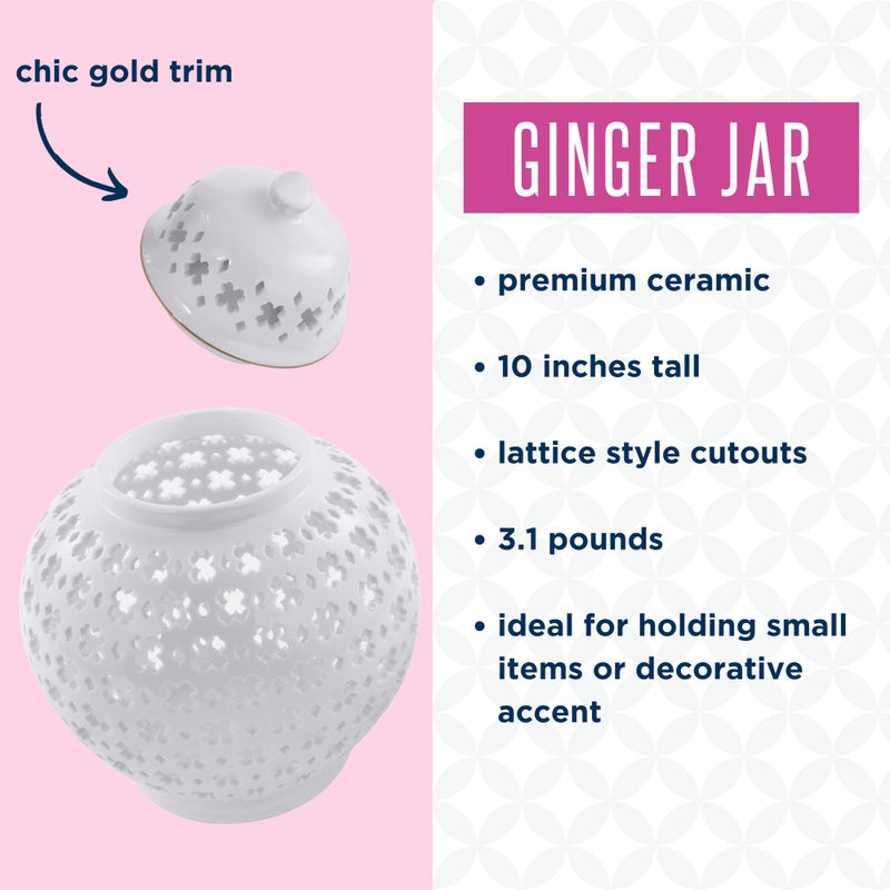 Lilly Pulitzer Ginger Jar with Lid, 10" Tall Ceramic White Decor, Lattice Vase/Decorative Jar for Home Decor, White Lattice - Image 3